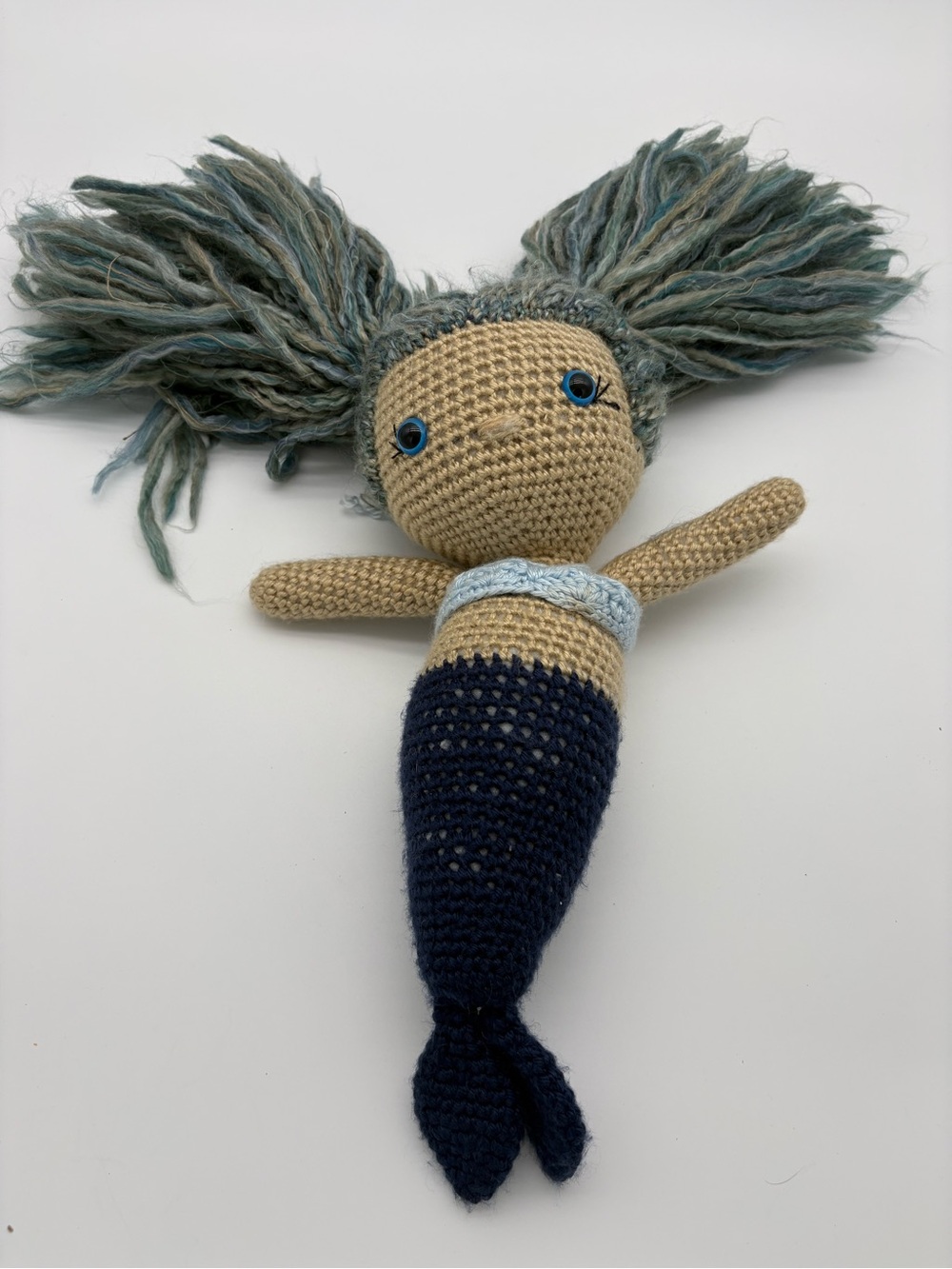 Handmade Crocheted Mermaid Doll with Teal Yarn Hair